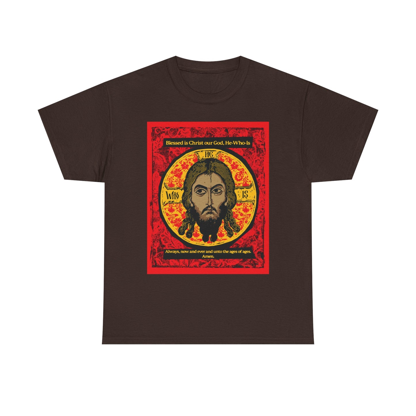 Dark Chocolate t-shirt featuring a graphic of Christ’s face in the Mandylion (Image of Edessa) style with ornate details and text, inspired by Orthodox iconography. “Made Without Hands” heavy cotton Christian T-Shirt.