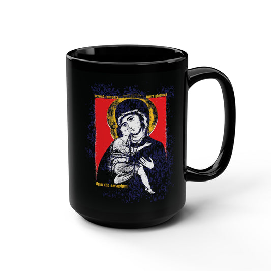 Beyond Compare More Glorious Than the Seraphim | Vladimir Theotokos Iconographic | Orthodox Christian Black Mug