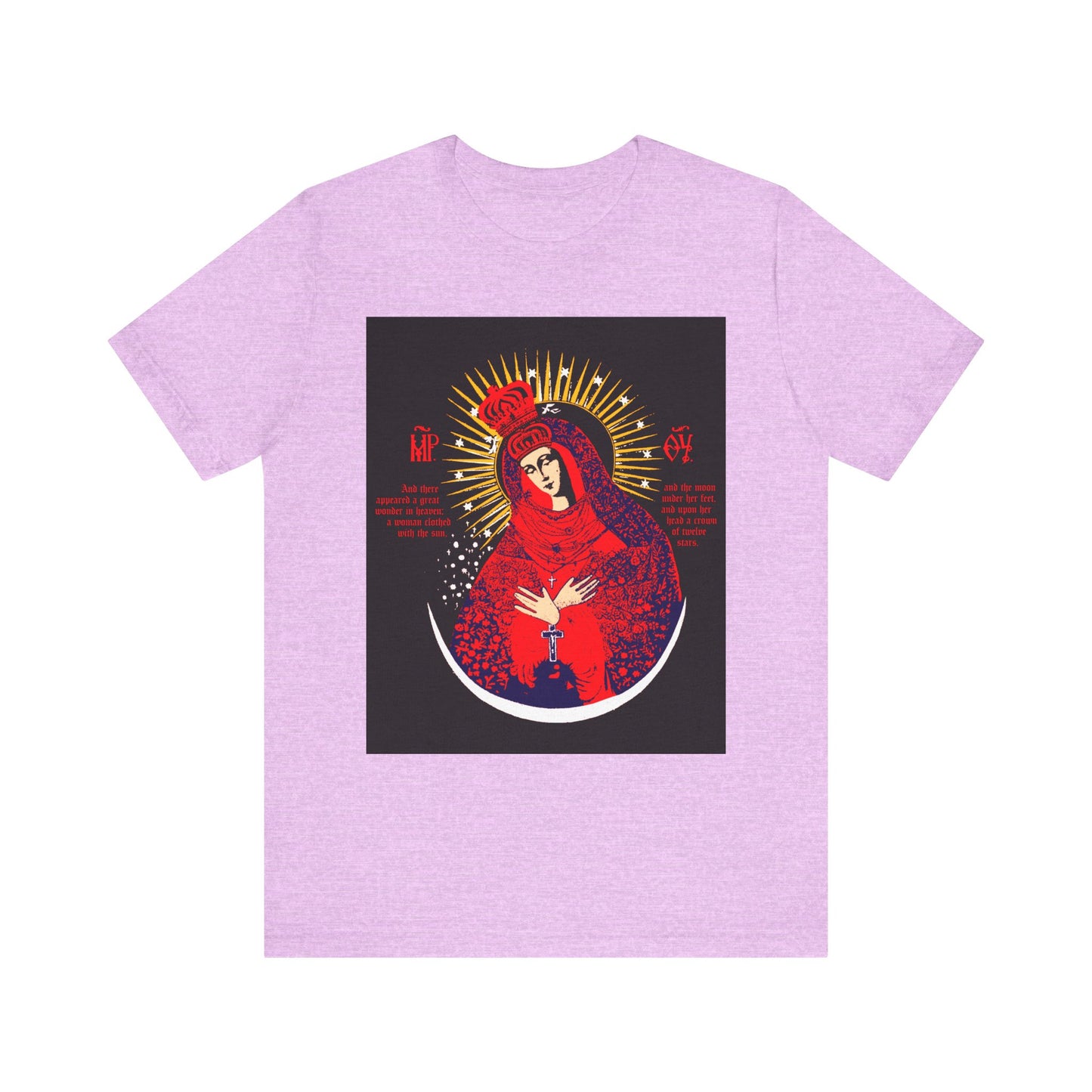Heather Prism Lilac t-shirt featuring a vibrant graphic inspired by the Vilnius Our Lady the Gate of Dawn icon, depicting the crowned Theotokos as Woman of the Apocalypse—lightweight cotton, unisex fit.