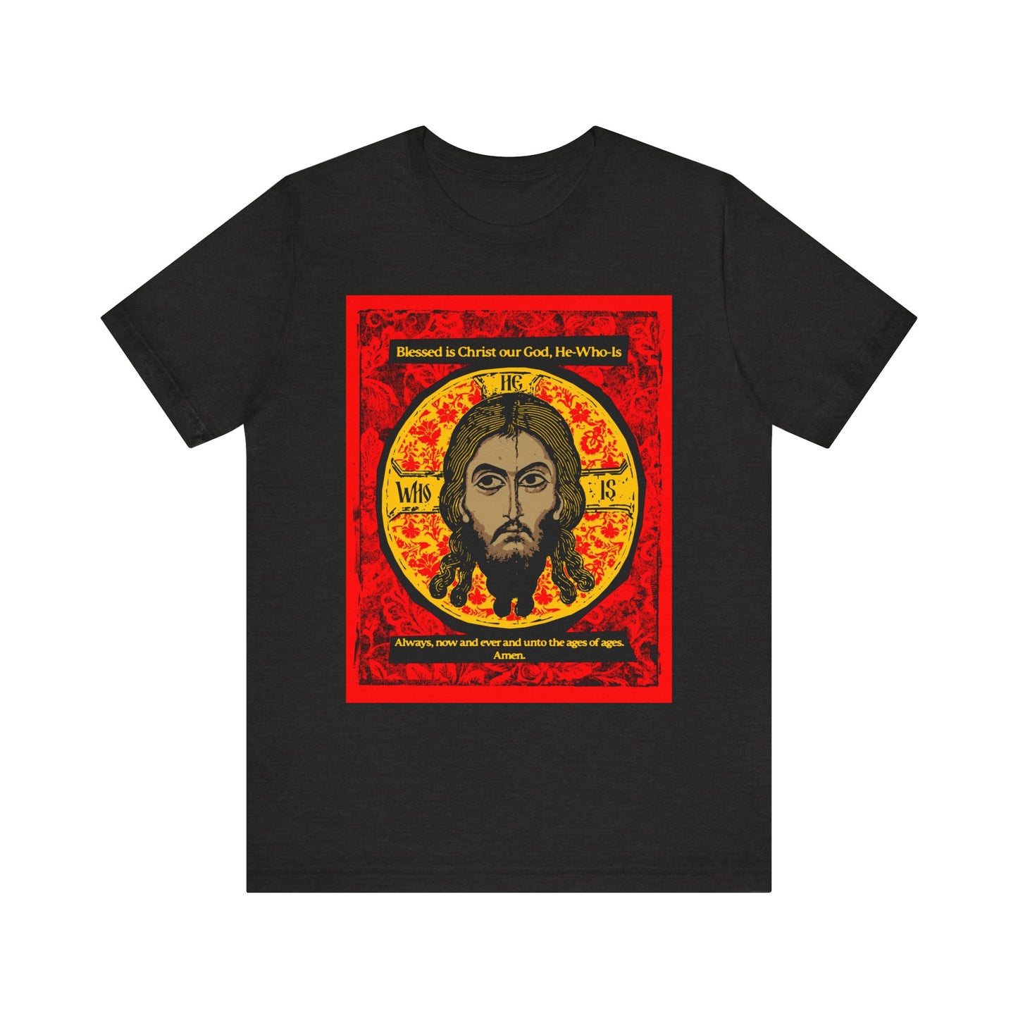 Black Heather tee with a graphic of Jesus Christ (Mandylion/Image of Edessa) inspired by Orthodox hymns, featuring ornate icon-style art and Christian text. Lightweight cotton, unisex fit.