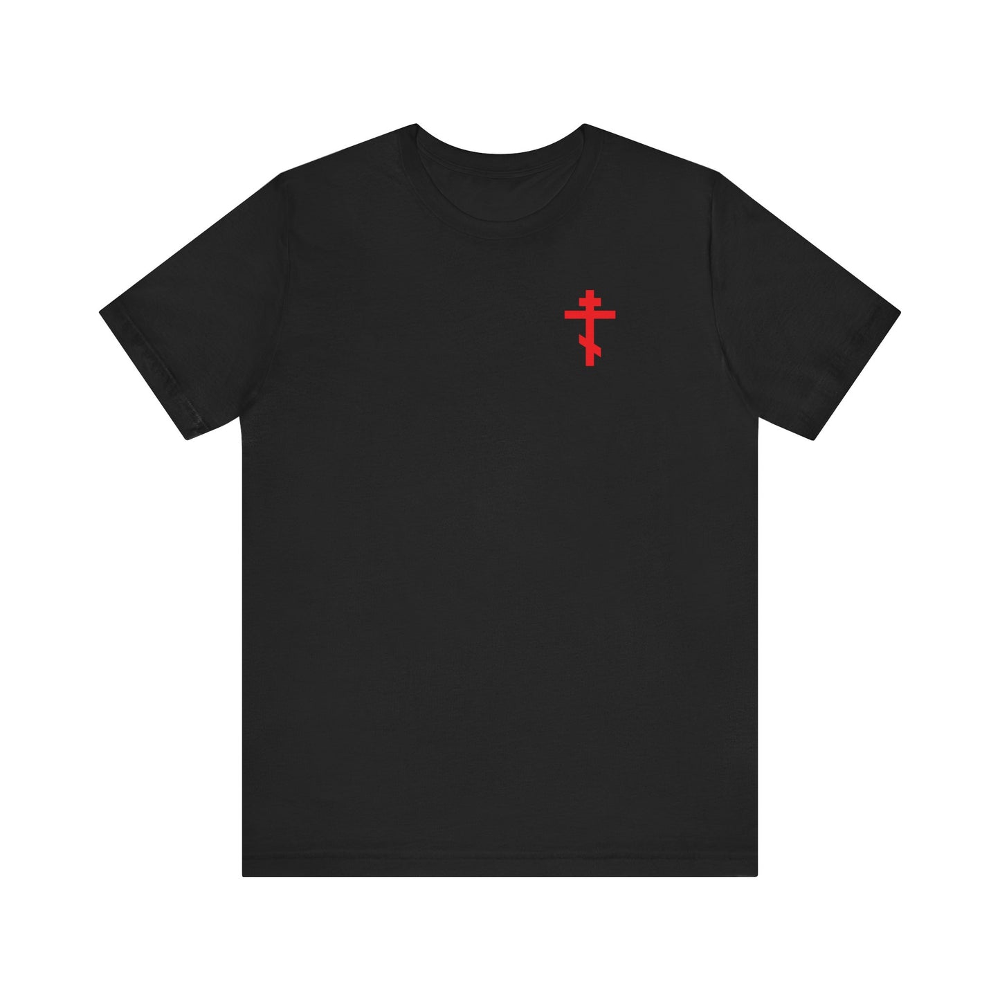 ICXC NIKA Red Orthodox Cross t-shirt featuring a red cross on the front left chest and intricate white medieval floral design—customizable lightweight cotton unisex shirt available to suit your unique preferences.