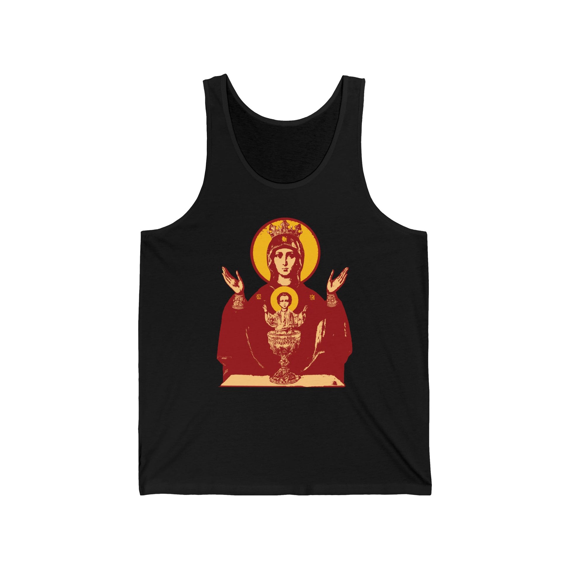 Black tank top featuring the Holy Theotokos IconoGraphic of the Inexhaustible Chalice—Deliverer from Addictions and Conqueror of Passions—an Orthodox Christian design inspired by sacred icons.