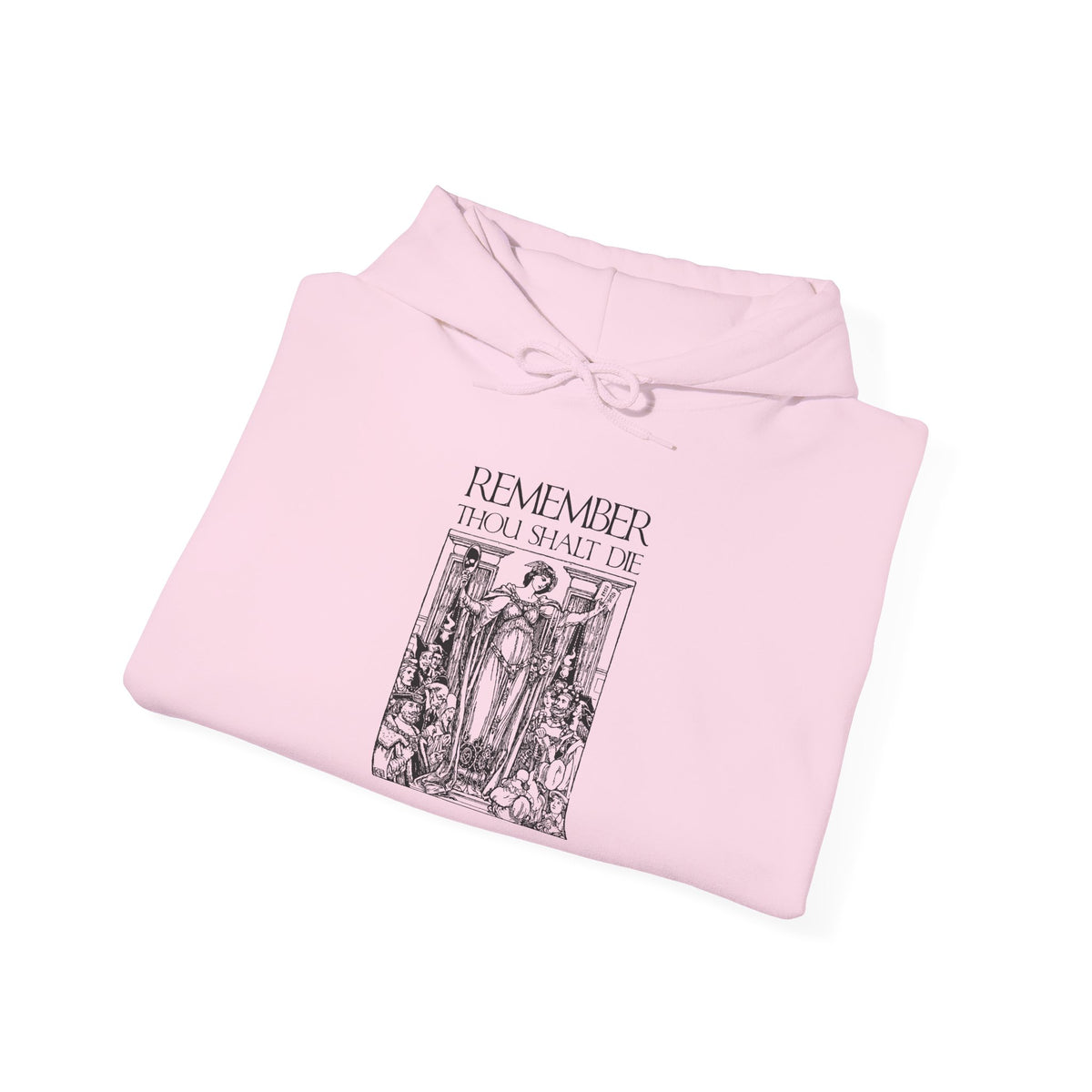 A folded pink Orthodox Christian hoodie featuring the “Remember You Will Die” Shakespearean design, with classic woodcut illustration aesthetic and memento mori theme inspired by St. Ephraim the Syrian’s reflections on death.