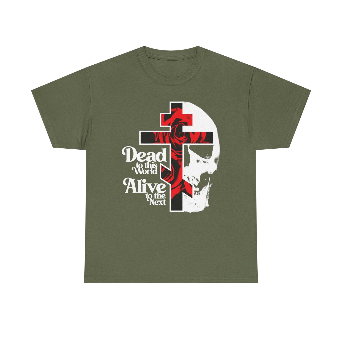 Military green Dead to this World Christian Goth t-shirt with flower cross, skull, 70s typography—Orthodox bestseller inspired by renunciation and the Ladder of Divine Ascent.