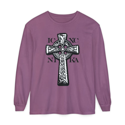 Berry long-sleeve shirt featuring the ICXC NIKA Celtic Knotwork Cross in striking black and white on a red background; a traditional Orthodox Christian design.