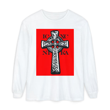 White ICXC NIKA Celtic Knotwork Cross long sleeve shirt featuring a black and white cross on a red background with "Jesus Christ Conquers"—a traditional Orthodox Christian reminder of faith and salvation.