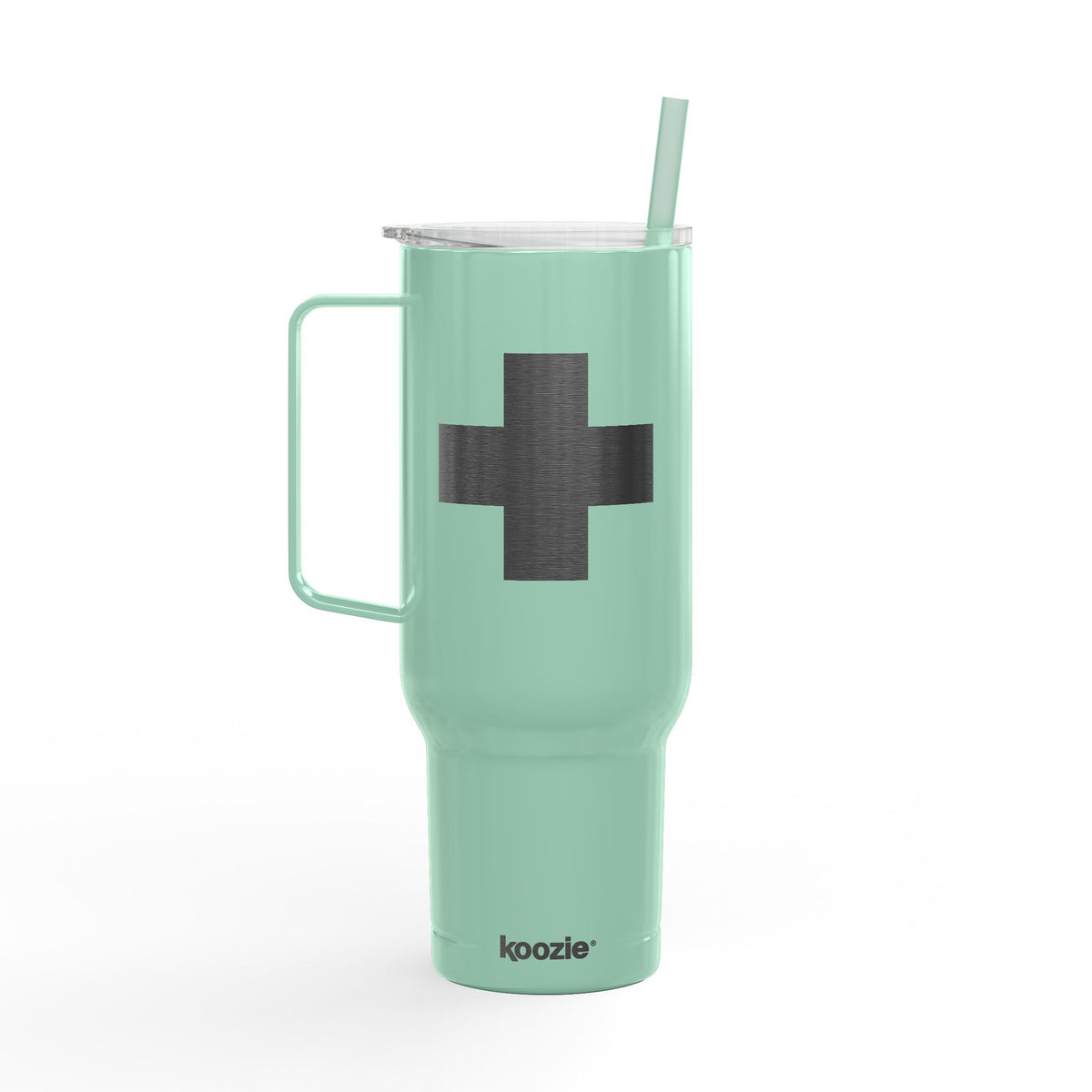 Minimalist Cross Engraved 40oz Koozie Tumbler in mint, featuring a handle, straw, and black cross design inspired by the Exaltation of the Cross celebrated by Orthodox Christians, with the Koozie logo on a white background. This insulated stainless steel tumbler is perfect as a home or travel accessory.