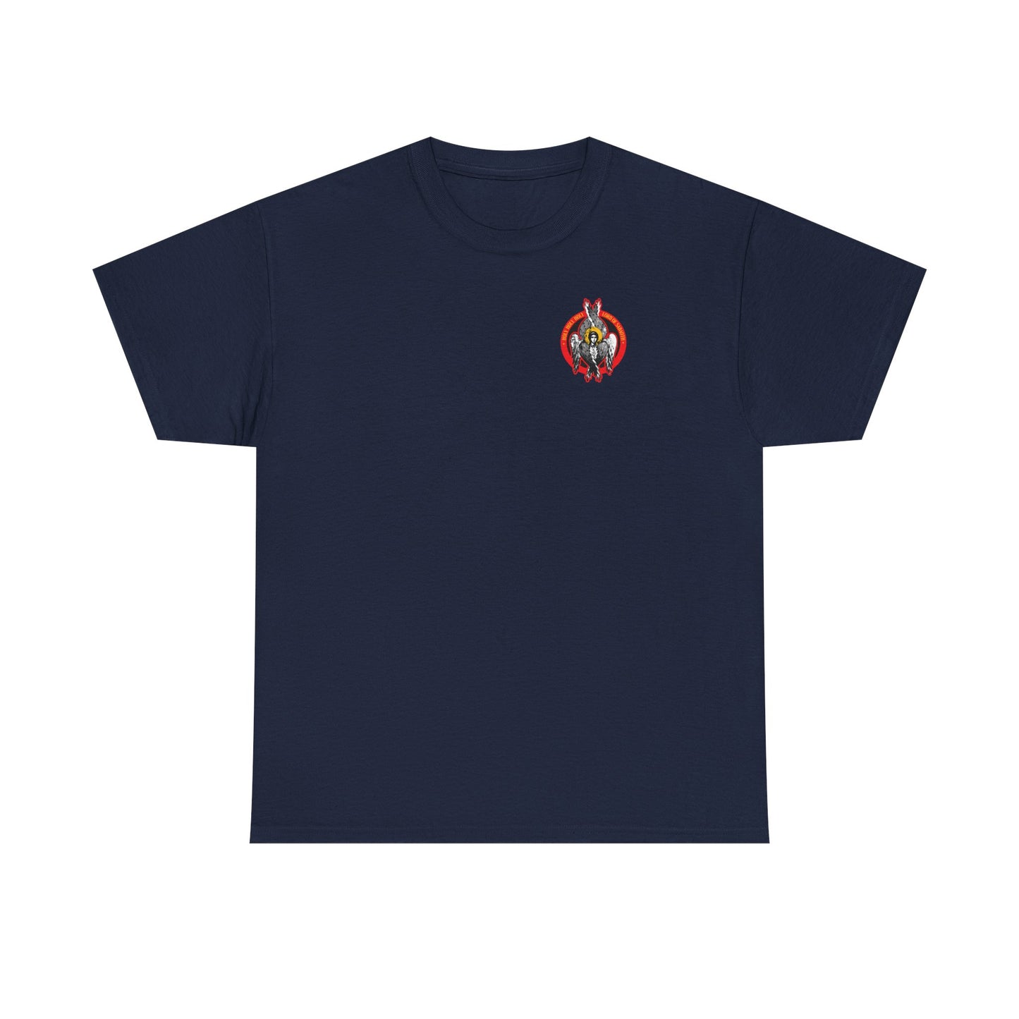 Navy Holy Holy Holy Seraphim Angel Icono-Graphic unisex t-shirt featuring a small, colorful heavenly hosts design inspired by St John of Kronstadt and the Divine Council on the left chest. Made from midweight cotton.