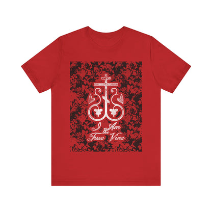 I Am the True Vine (John 15:1) | Orthodox Cross Vine Monogram | Red and Black Floral Design | Orthodox Christian T-Shirt