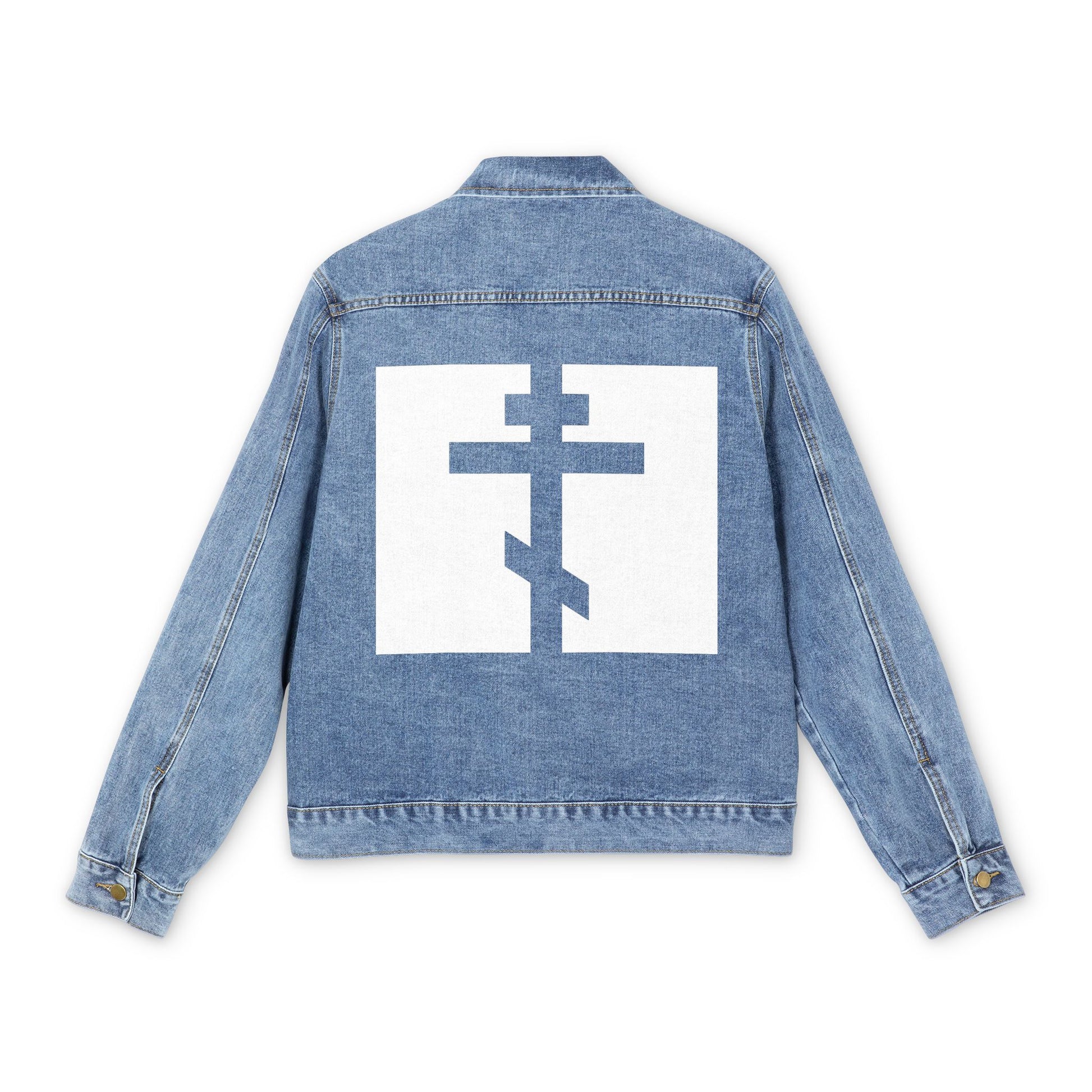 Medium denim wash jean jacket featuring a white Orthodox cross cut-out on the back, inspired by Galatians 6:14: "May I never boast, except in the cross of our Lord Jesus Christ.