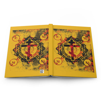 IC XC NIKA Orthodox Cross | Yellow & Red Modern & Medieval Textured Floral Design | Orthodox Christian Hardcover Journal