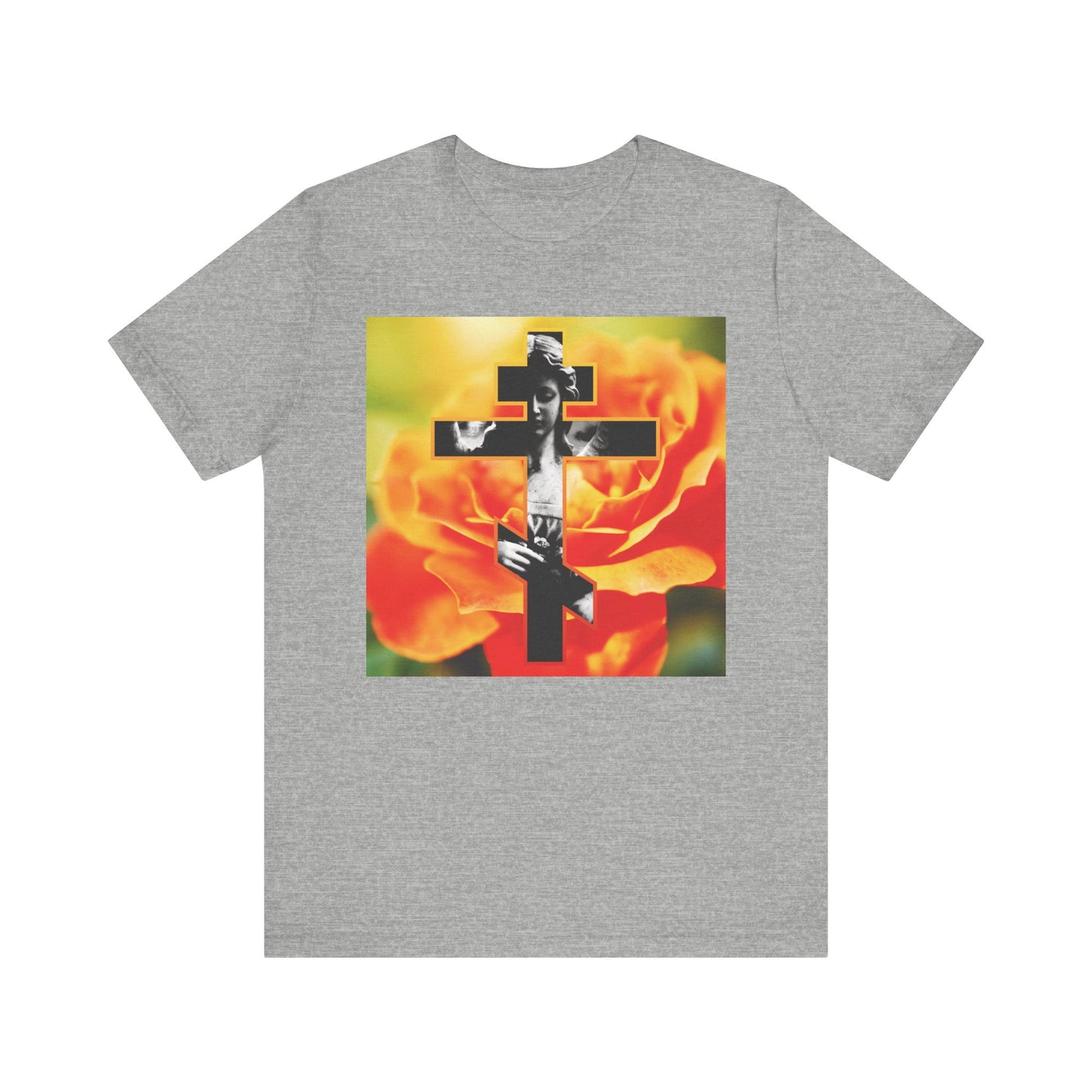 Athletic Heather t-shirt featuring a Cemetery Statue Angel Cross on an orange rose, inspired by the Orthodox Christian “Memento Mori” theme and teachings of St. Paul. Lightweight unisex cotton tee: Remember You Will Die.