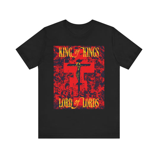 Black "King of Kings, Lord of Lords | Christ Crucified Orthodox Icono-Graphic" lightweight cotton unisex t-shirt featuring a yellow and red design with a nature texture on the front, boldly proclaiming Christ crucified in the spirit of the Word of God.