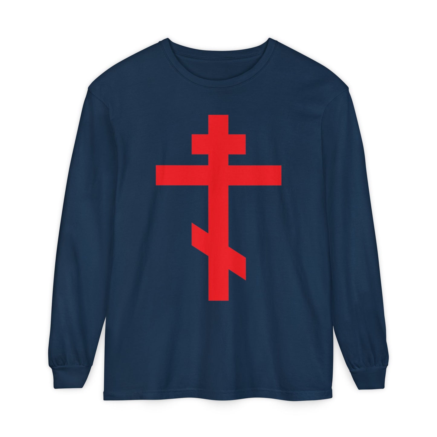 True Navy long-sleeve cotton shirt featuring a bright red Orthodox Cross and the words "Preserve Thy People By Thy Cross, O Lord," inspired by St. John of Kronstadt’s devotion. Product: Crucified With Christ | Christ is King.