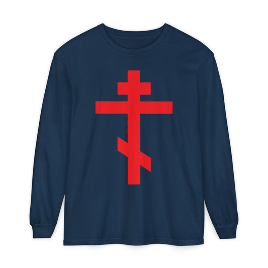 True Navy long-sleeve cotton shirt featuring a bright red Orthodox Cross and the words "Preserve Thy People By Thy Cross, O Lord," inspired by St. John of Kronstadt’s devotion. Product: Crucified With Christ | Christ is King.