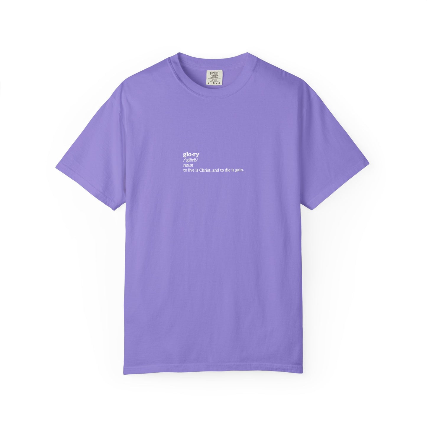 Violet heavyweight cotton tee featuring “glory: to live is Christ, and to die is gain.” on the chest—a tribute to Philippians 1:21, ascetic Christianity, and memento mori. Unisex fit.