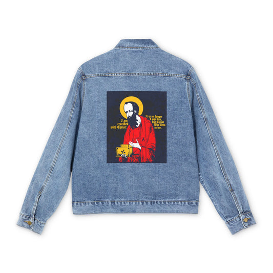St Paul Holding Gospel Iconographic | I am crucified with Christ (Galatians 2:20) | Orthodox Christian Blue Denim Jacket