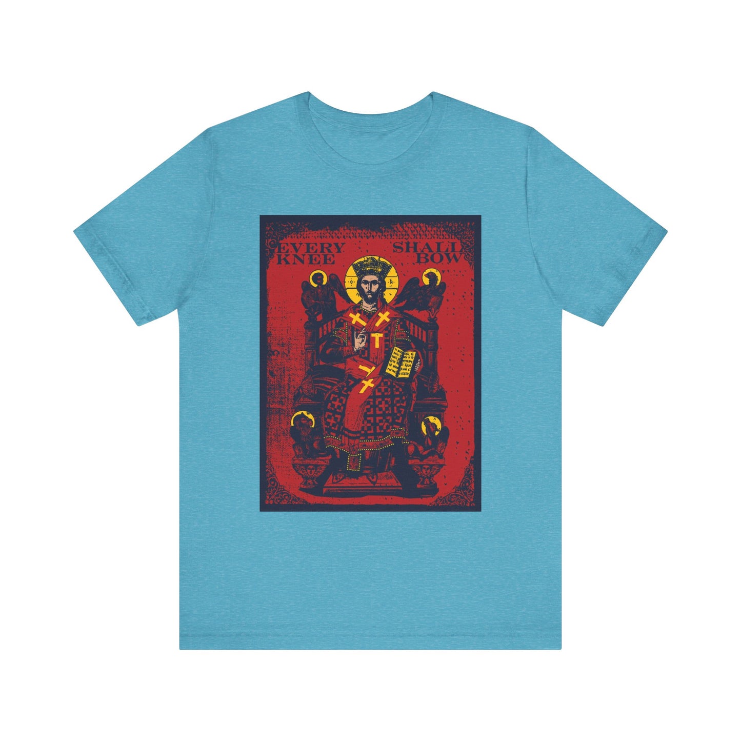 Heather Aqua lightweight unisex t-shirt featuring Christ Enthroned IconoGraphic, Ezekiel's Chariot, and the text "Every Knee Shall Bow" (Phil 2:8-11, Isaiah 45:23), declaring Jesus Christ is Lord.