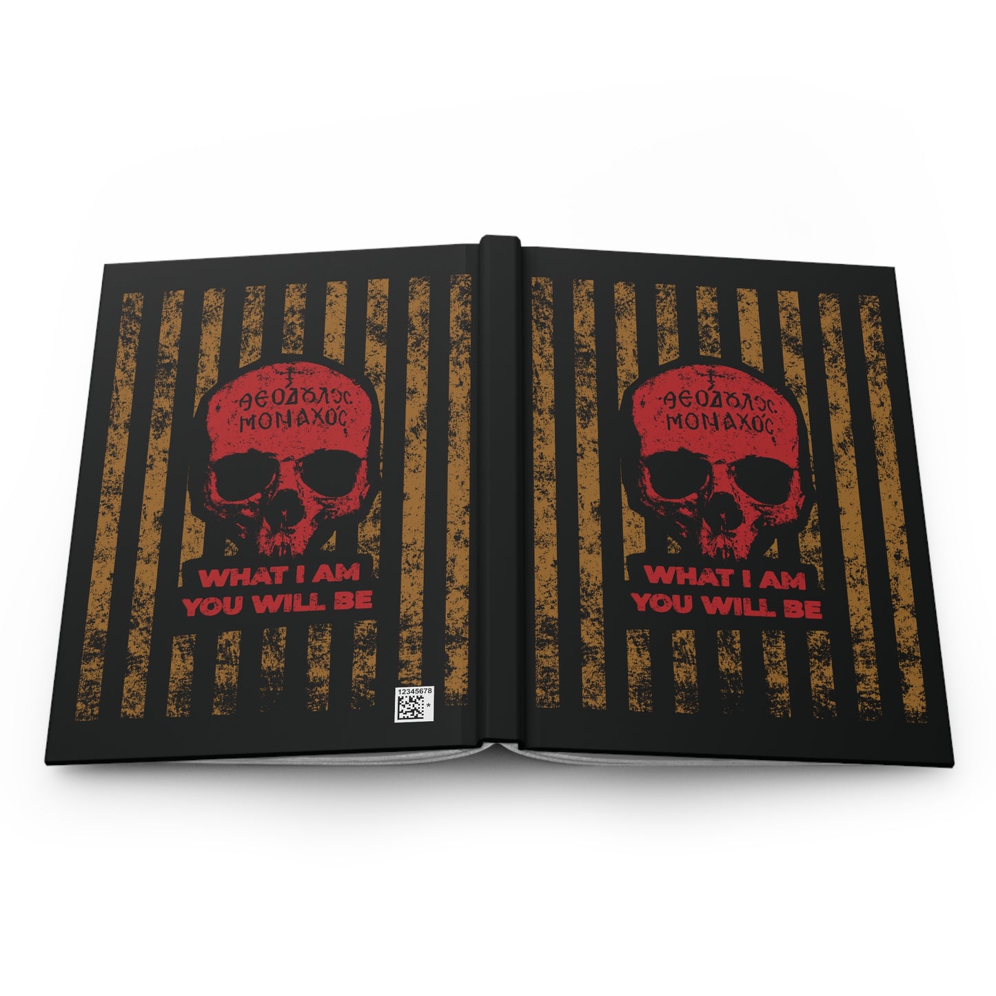 What I Am You Will Be | Memento Mori is a Christian journal featuring a red skull, Greek text, and "What I am you will be" on a black and gold striped cover—an ascetic reminder of death inspired by Mt Athos monk tradition.