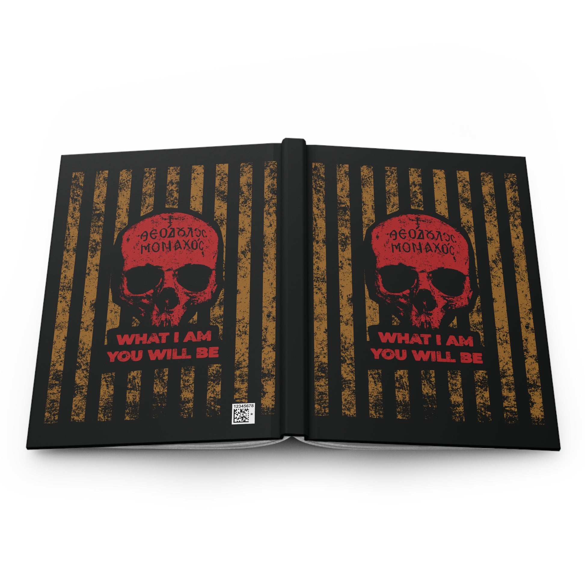 What I Am You Will Be | Memento Mori is a Christian journal featuring a red skull, Greek text, and "What I am you will be" on a black and gold striped cover—an ascetic reminder of death inspired by Mt Athos monk tradition.