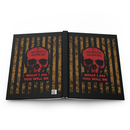 What I Am You Will Be | Memento Mori is a Christian journal featuring a red skull, Greek text, and "What I am you will be" on a black and gold striped cover—an ascetic reminder of death inspired by Mt Athos monk tradition.