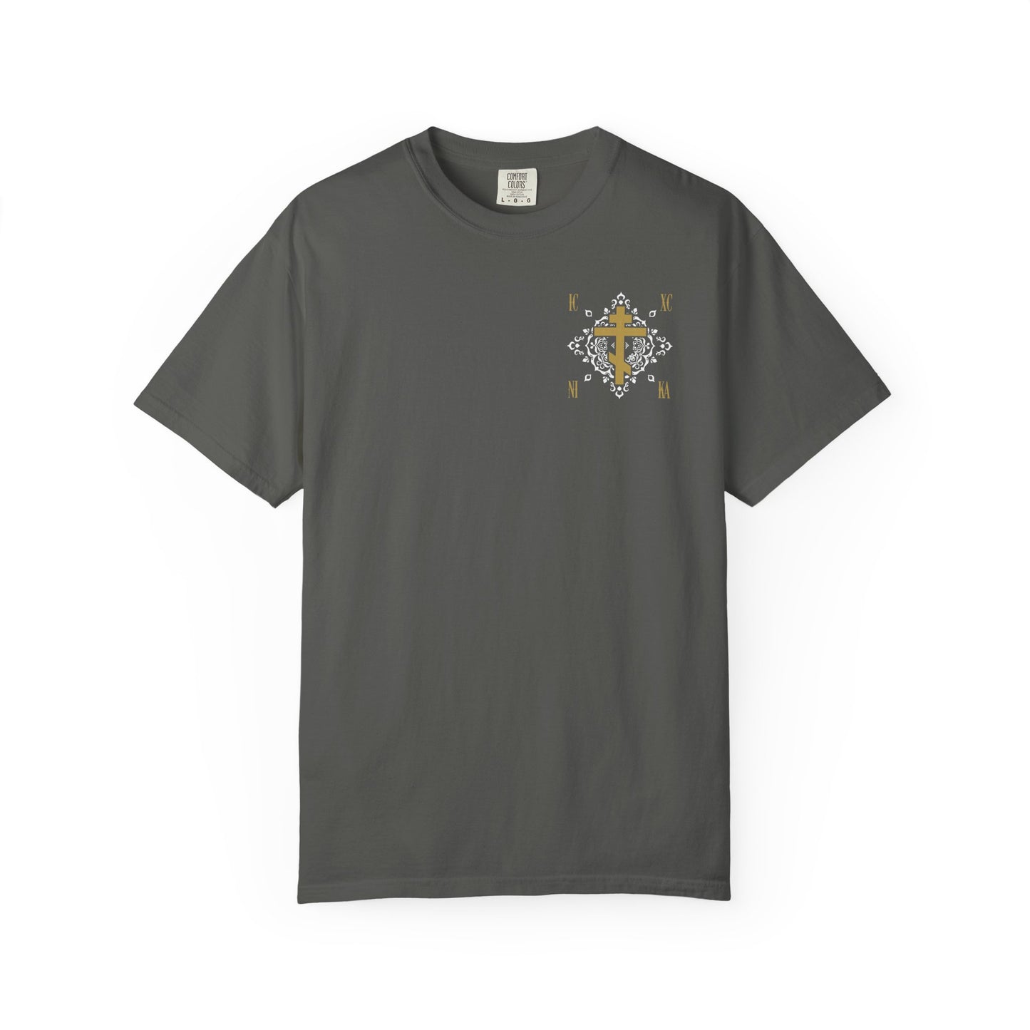 Pepper T-shirt with a small gold Orthodox Cross ICXC NIKA and white medieval floral design on the left chest, symbolizing "Jesus Christ Conquers" and eternal guidance. Heavyweight cotton unisex style.