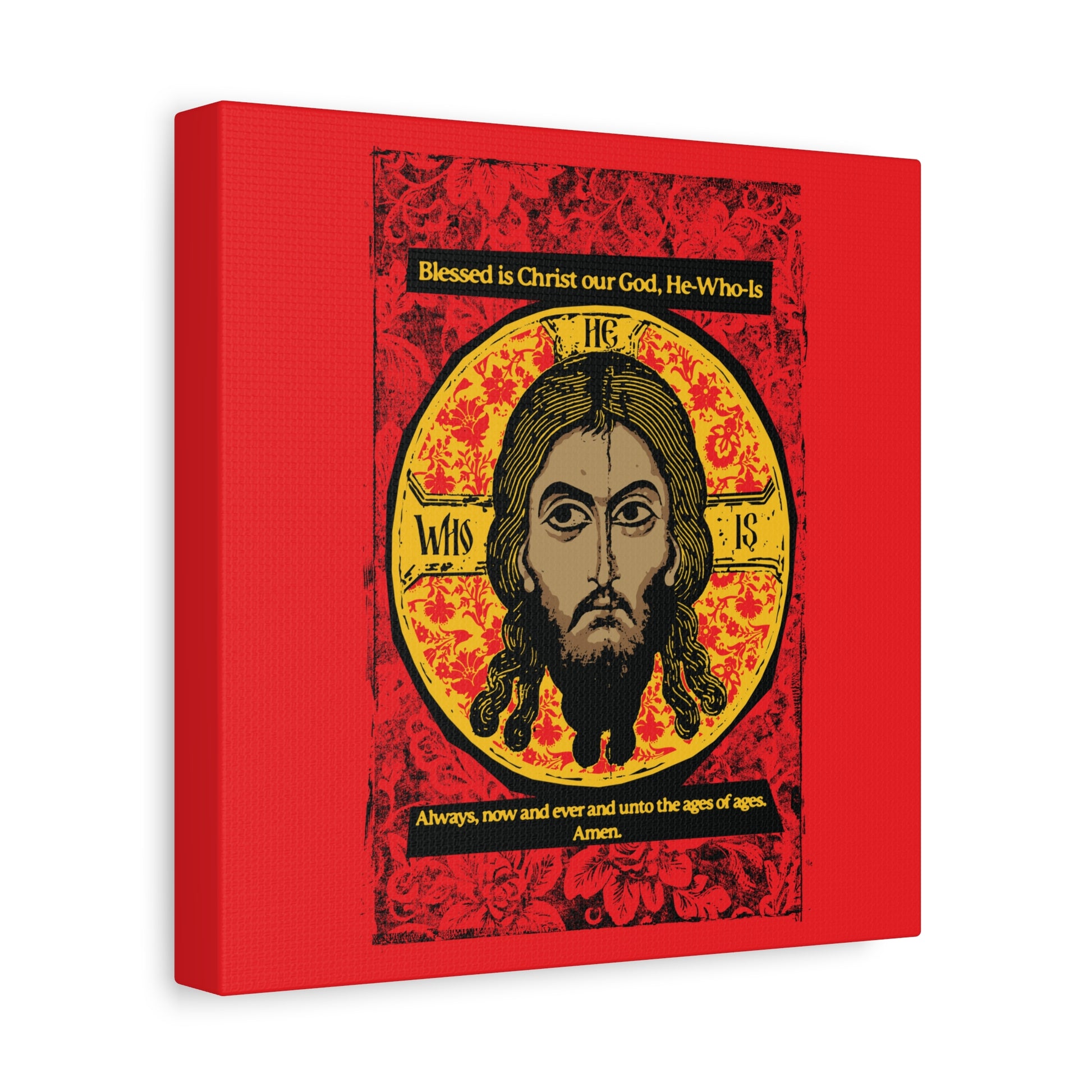 The "Made Without Hands (Mandylion/Image of Edessa)" canvas by Remembrance of Death features Jesus Christ’s face in a red, black, and yellow Orthodox icon design, inspired by the Troparion Tone 2 hymn. Perfect Christian wall art for your home.
