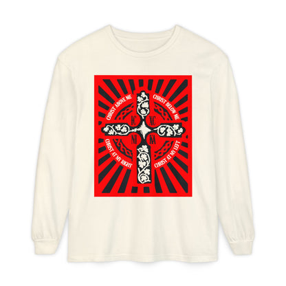 Red ICXC NIKA Enniskillen Celtic Cross | Lorica of St. Patrick | Shield Prayer | Orthodox Christian Long Sleeve Shirt