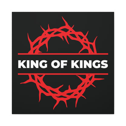 A bold Christian canvas art featuring a red crown of thorns and "KING OF KINGS" in white on black, inspired by Revelation 19:16. Product: King of Kings Crown of Thorns | The King of Glory | Christ is King.