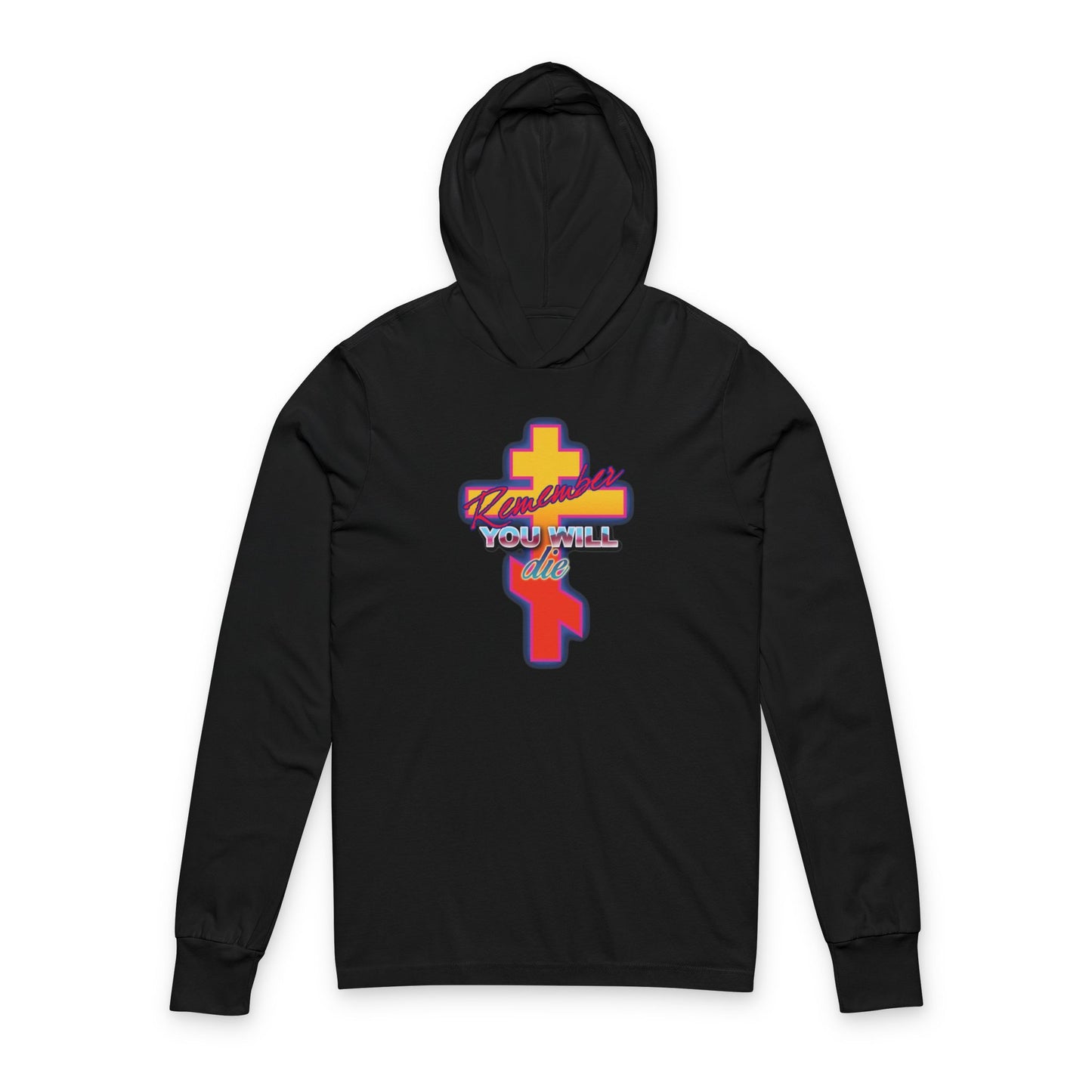 Black hoodie with glowing synthwave retro Orthodox cross and "Remember You Will Die" 80s design, inspired by the Precious Life-Giving Cross.