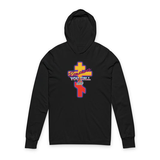 Black hoodie with glowing synthwave retro Orthodox cross and "Remember You Will Die" 80s design, inspired by the Precious Life-Giving Cross.