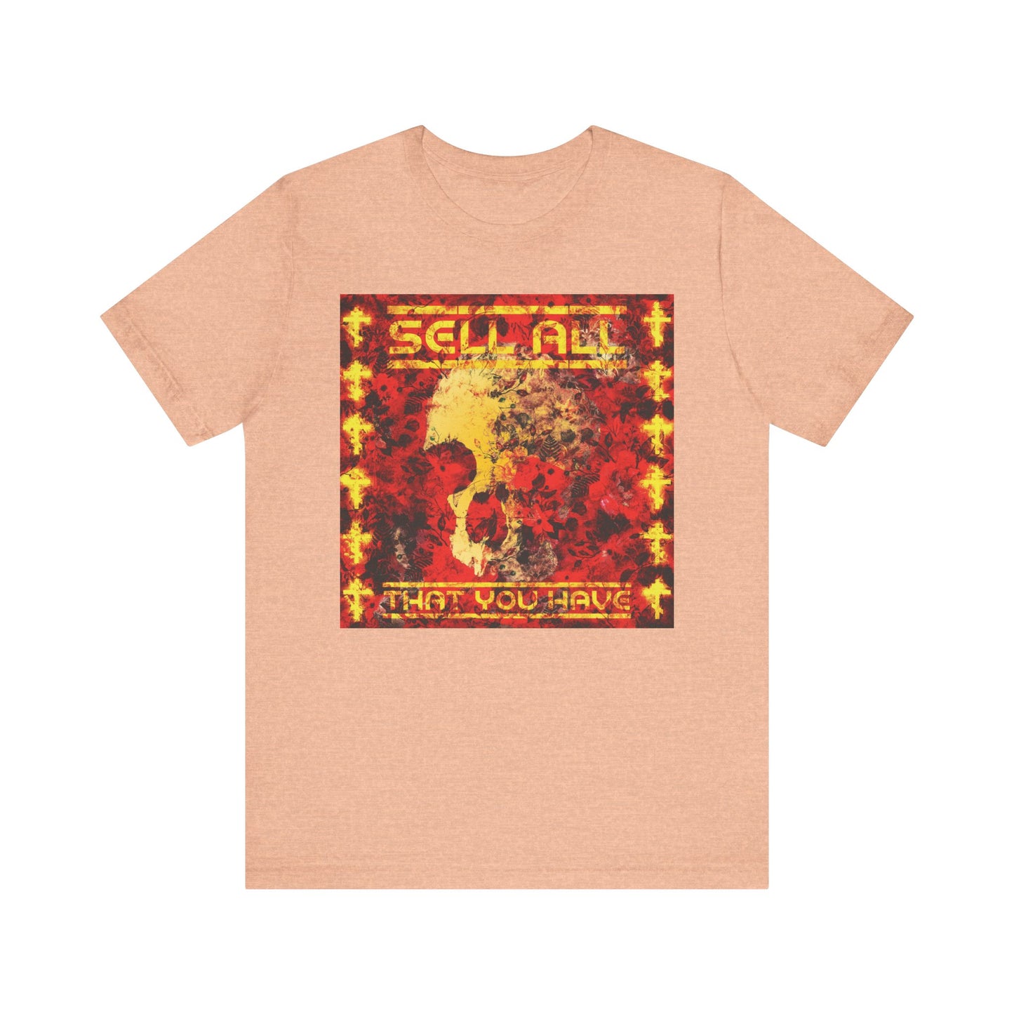 Heather peach t-shirt featuring a red and yellow abstract graphic and the words "SELL ALL THAT YOU HAVE" on the front, inspired by Jesus Christ’s teachings on eternal life. Product name: Sell All That You Have No. 1 | Orthodox Christian Lightweight Cotton Unisex Tee.