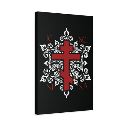 ICXC / NIKA Red Orthodox Cross on Ornate White Medieval Floral Design | Exclusive Best-Selling | Orthodox Christian Canvas Art