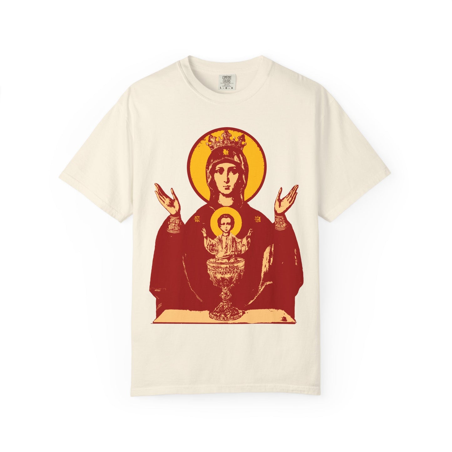 Ivory heavyweight cotton unisex T-shirt featuring the "Holy Theotokos IconoGraphic of the Inexhaustible Chalice," also known as the Deliverer from Addictions, depicted as a crowned woman with a child in front of her.