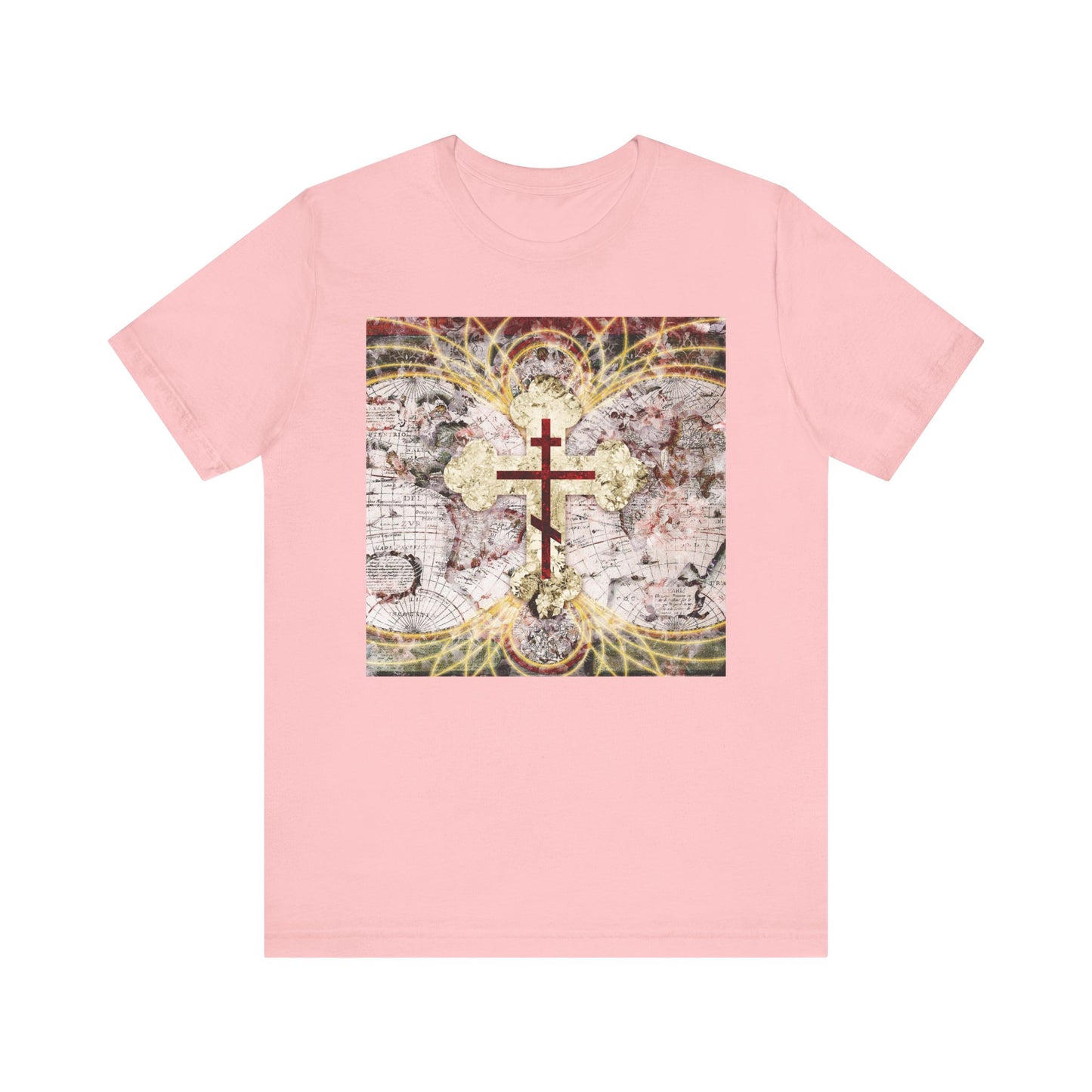 Pink tee with a red Orthodox cross on an antique map and glowing magnetic lines, inspired by "Conqueror of Death" from Revelation 1:18. Lightweight cotton, unisex.