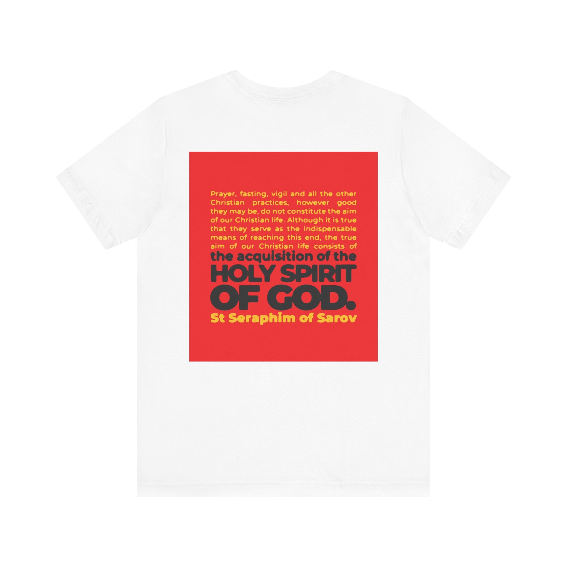 Orthodox 2-sided lightweight cotton unisex tee featuring a red square graphic with St Seraphim of Sarov's quote: "True Aim of Christian Life is Acquisition of the Holy Spirit." IconoGraphic design.