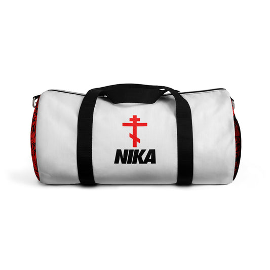 NIKA Red Orthodox Cross | White Bag | NIKE Logo Mashup | Minimalist Corporate Sports Logo Aesthetic | Orthodox Christian Gym Duffel Bag