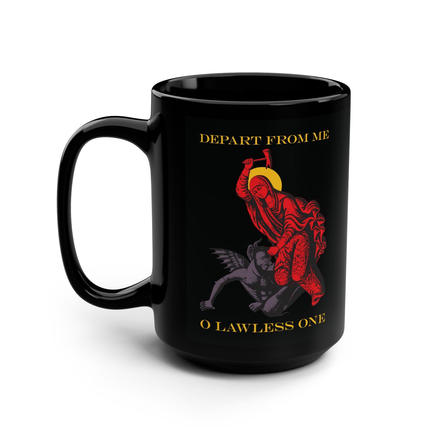 St Marina IconoGraphic (Depart from Me O Lawless One) | Saint Beating the Devil with a Hammer | Orthodox Christian Black Mug