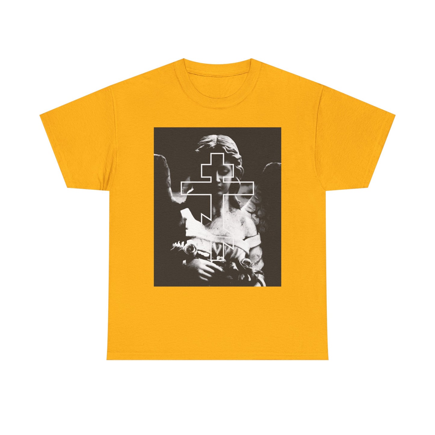 Gold unisex tee featuring a grayscale goth graphic of a cemetery angel with an Orthodox cross overlay—“Remember You Will Die” memento mori, midweight cotton.