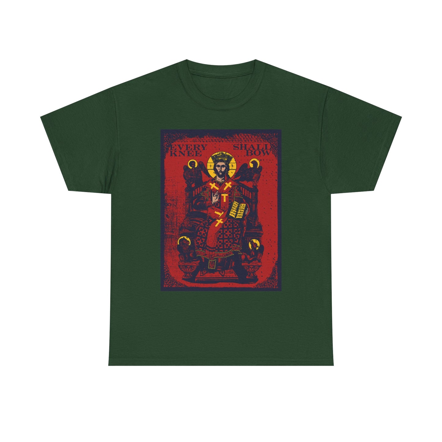 Forest green heavy cotton t-shirt featuring the Christ Enthroned IconoGraphic with Ezekiel's Chariot and "Every Knee Shall Bow"—inspired by Phil 2:8-11 & Isaiah 45:23.