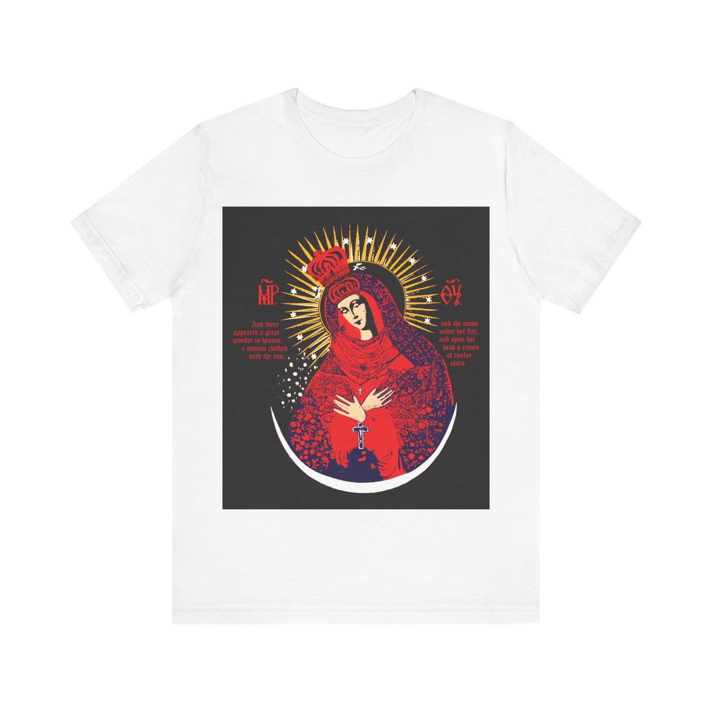 White t-shirt featuring the "Our Lady the Gate of Dawn Icono-Graphic"—a crowned Theotokos in red, blue & gold, echoing Vilnius' famed icon. Orthodox cotton design: Woman of the Apocalypse, hands crossed under golden rays.