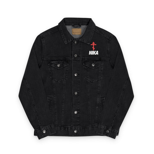 The Remembrance of Death "NIKA Red Embroidered Orthodox Cross | NIKE Logo Mashup" black denim jacket features silver buttons, a red double-barred cross, and bold white “NIKA” on the chest—symbolizing victory in Christ. Shown laid flat on a white background.