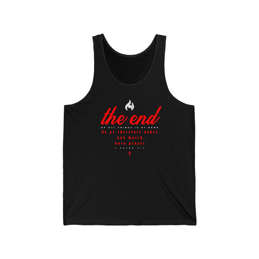 The End of All Things is At Hand (1 Peter 4:7) | Minimalist Typography | Red White and Black | Orthodox Christian Jersey Tank Top / Sleeveless Shirt