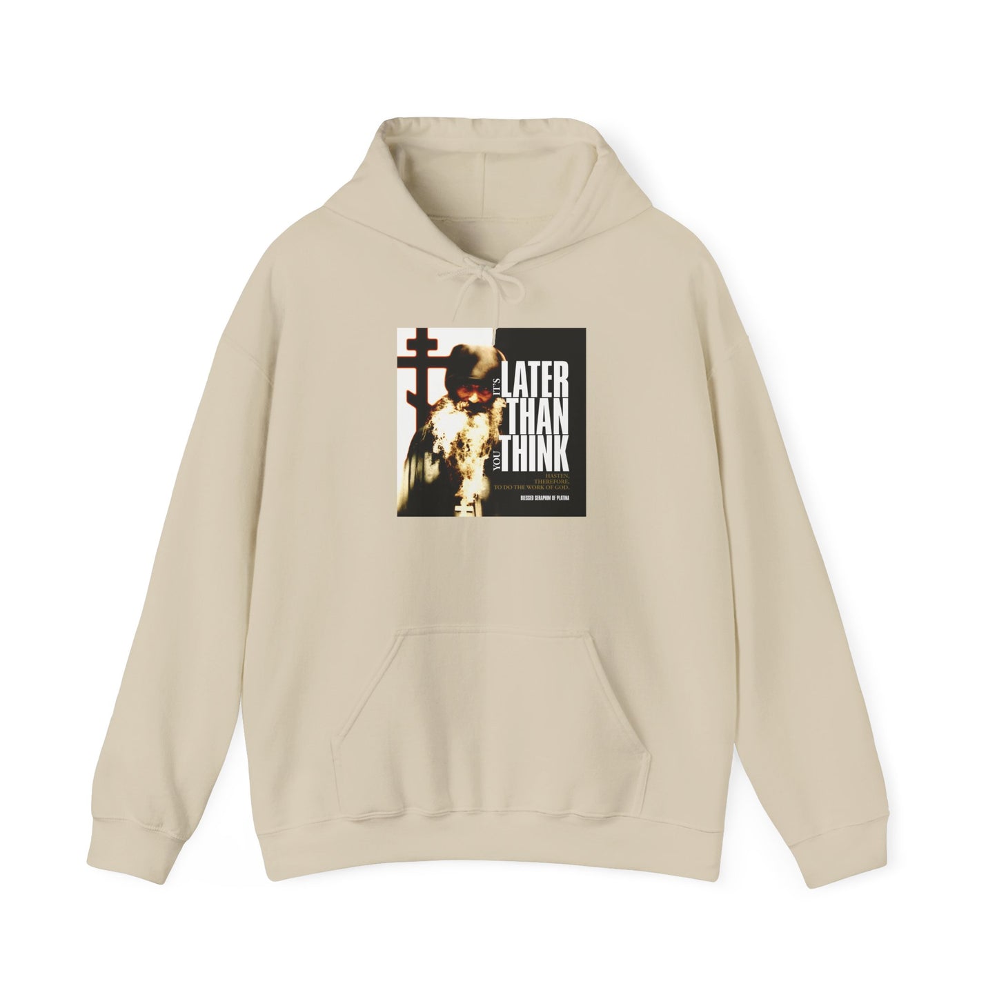Sand-colored hoodie featuring a photo of Fr Seraphim Rose with modern cinematic poster typography and the phrase “It's Later Than You Think” on the front—a bold celebration of Orthodox Christian inspiration.
