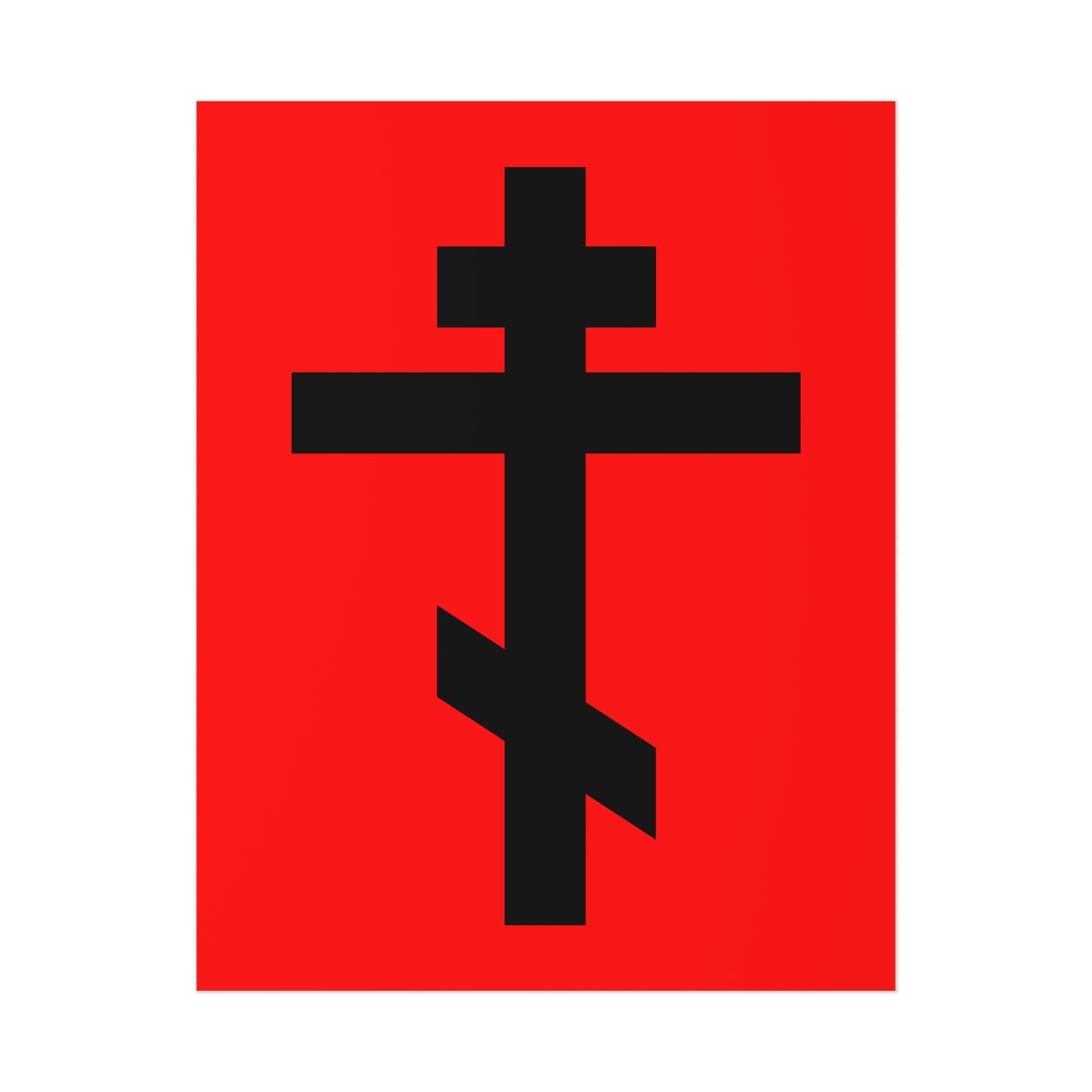 A black Orthodox cross stands out on a vivid red background in this "Black Orthodox Cross Red Background" art poster, featuring Galatians 6:14: "May I never boast, except in the cross of our Lord Jesus Christ.
