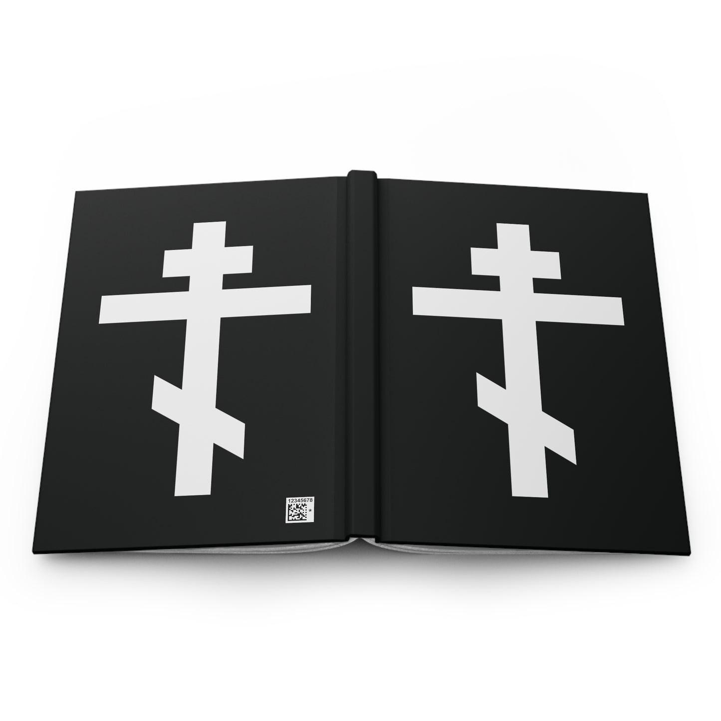 A black Orthodox Hardcover Journal featuring two white Orthodox crosses, inspired by Galatians 6:14: "May I never boast, except in the cross of our Lord Jesus Christ.