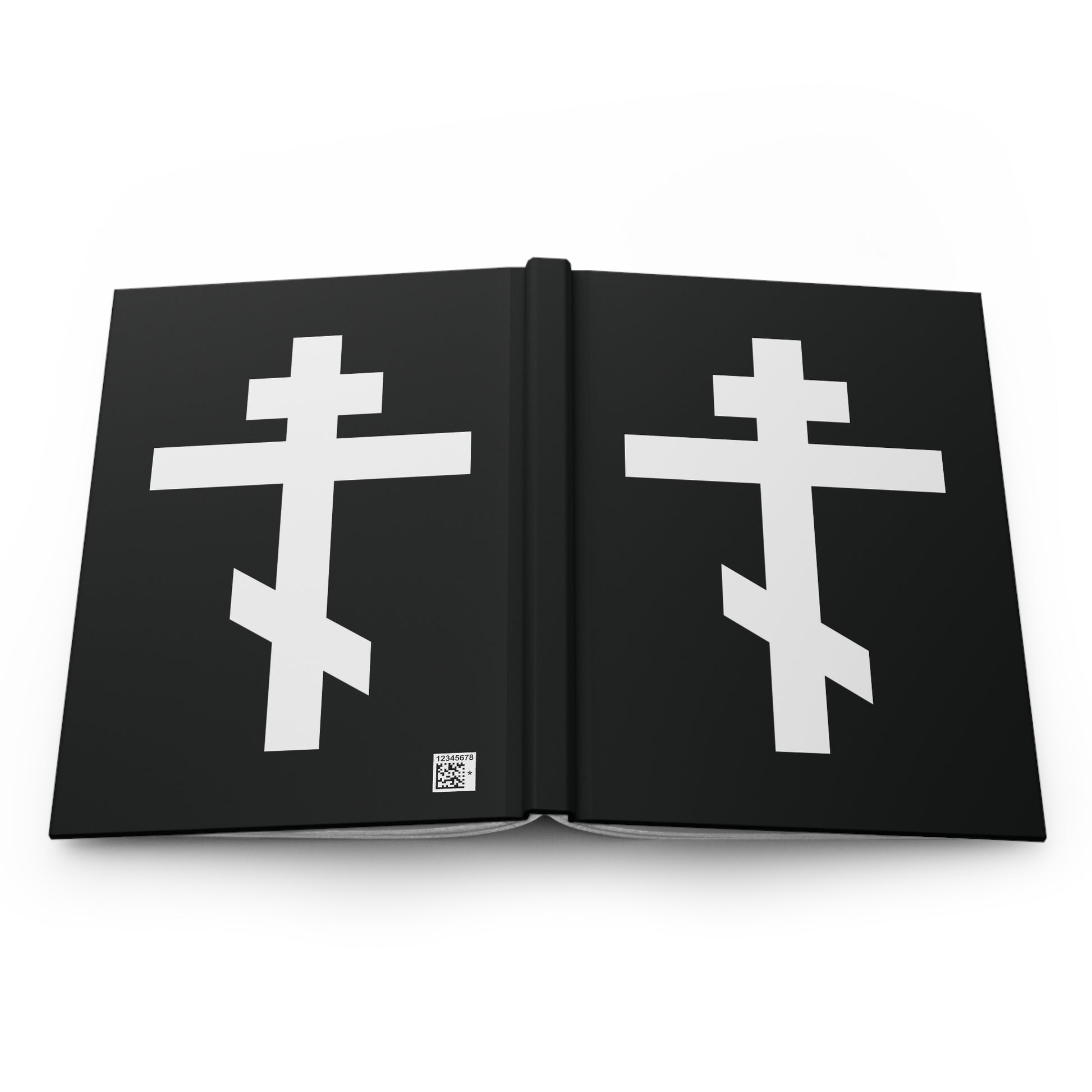 A black Orthodox Hardcover Journal featuring two white Orthodox crosses, inspired by Galatians 6:14: "May I never boast, except in the cross of our Lord Jesus Christ.