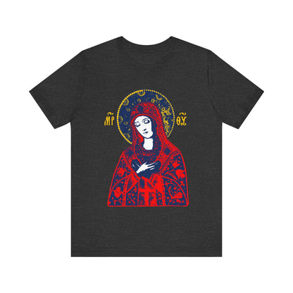 Dark Grey Heather t-shirt featuring the "Joy of All Joys Tenderness Theotokos" icon, inspired by traditional Orthodox iconography with a bright red design. Orthodox Christian t-shirt with ornate details and halo.