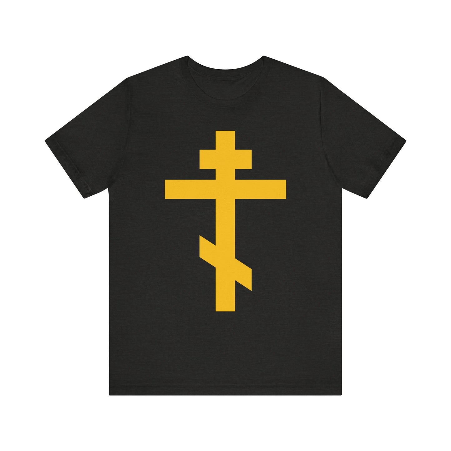 Yellow Orthodox Cross | Precious and Life-Giving Weapon of Unseen Warfare | Scourge of Demons — This lightweight black cotton unisex tee features a prominent yellow Eastern Orthodox cross design inspired by Galatians 2:20, symbolizing being "crucified with Christ." Perfect for moments of Christian meditation and reflection.