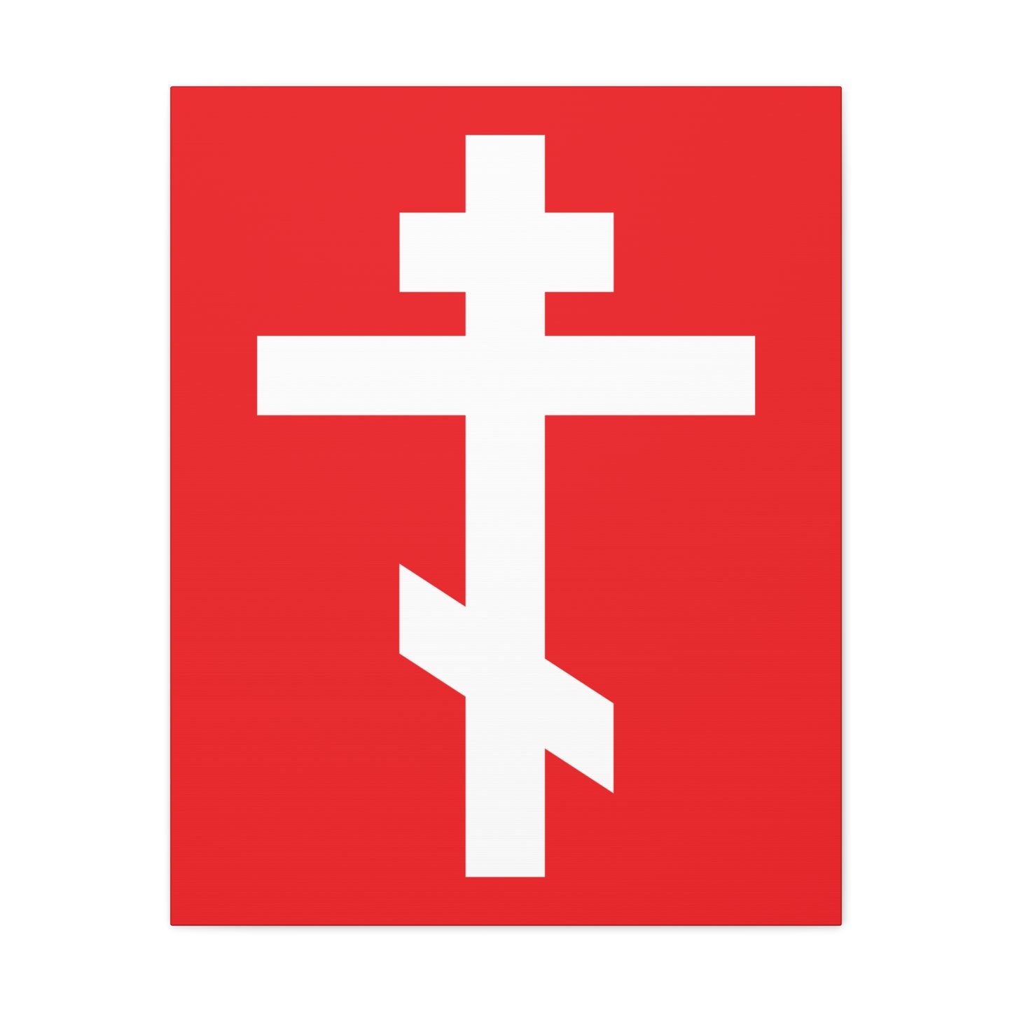 The "White Orthodox Cross Red Background" canvas art features a white Russian Orthodox cross symbolizing salvation, set boldly on red, with Galatians 6:14: "May I never boast, except in the cross of our Lord Jesus Christ.